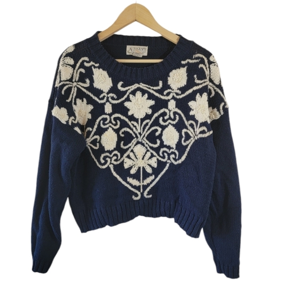 VTG Y2K Blue White Floral Chunky 3-D Knit Pullover Sweater Sz M Crop Cottagecore
